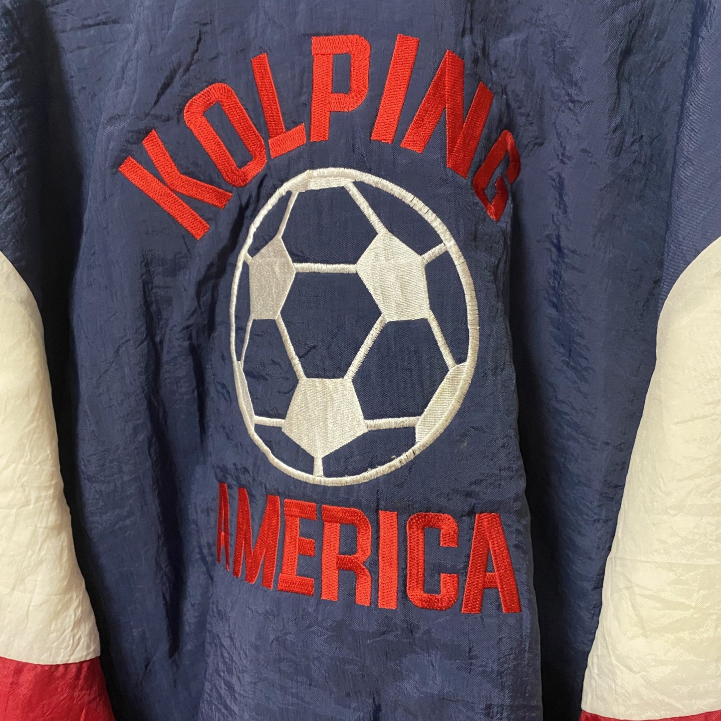 古着 used　USA製　RENNOC　長袖ジップアップブルゾン　刺繍ジャンパー　サッカー　紺　白　ビッグシルエット　XLサイズ