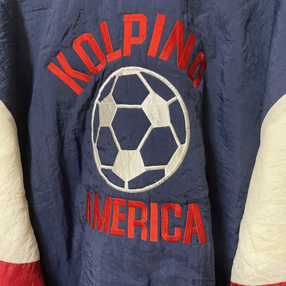 古着 used　USA製　RENNOC　長袖ジップアップブルゾン　刺繍ジャンパー　サッカー　紺　白　ビッグシルエット　XLサイズ
