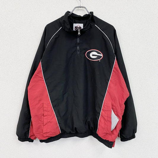 90s～　58 SPORTS　ハーフジッププルオーバージャケット　ワッペン　ラグランスリーブ　黒　ブラック　赤　レッド　2XLサイズ