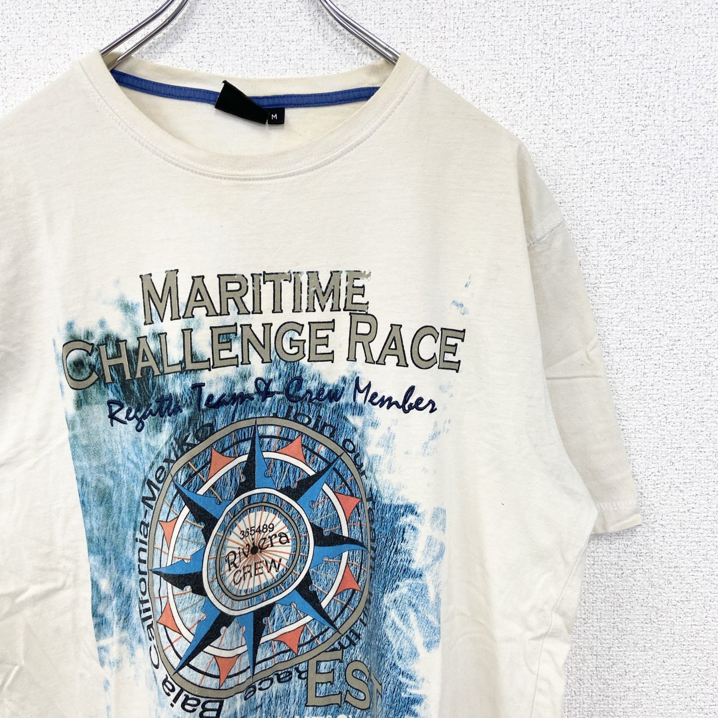 古着 used　DANILO　半袖ビッグプリントTシャツ　コンパス　方位磁石　クルーネック　レトロ　カジュアル　白　Mサイズ