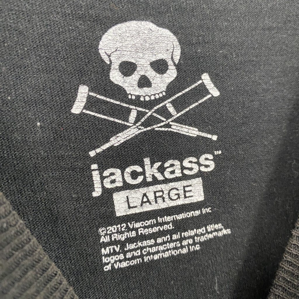 Jackass　ジャッカス　MTV　半袖プリントムービーTシャツ　クロスボーン　スカル　骸骨　デカロゴ　黒　ブラック　Lサイズ