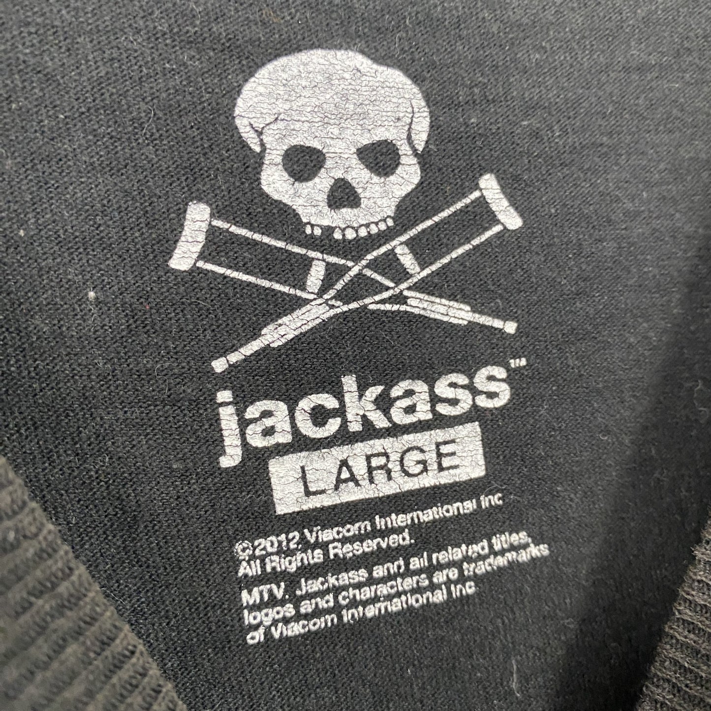 Jackass　ジャッカス　MTV　半袖プリントムービーTシャツ　クロスボーン　スカル　骸骨　デカロゴ　黒　ブラック　Lサイズ