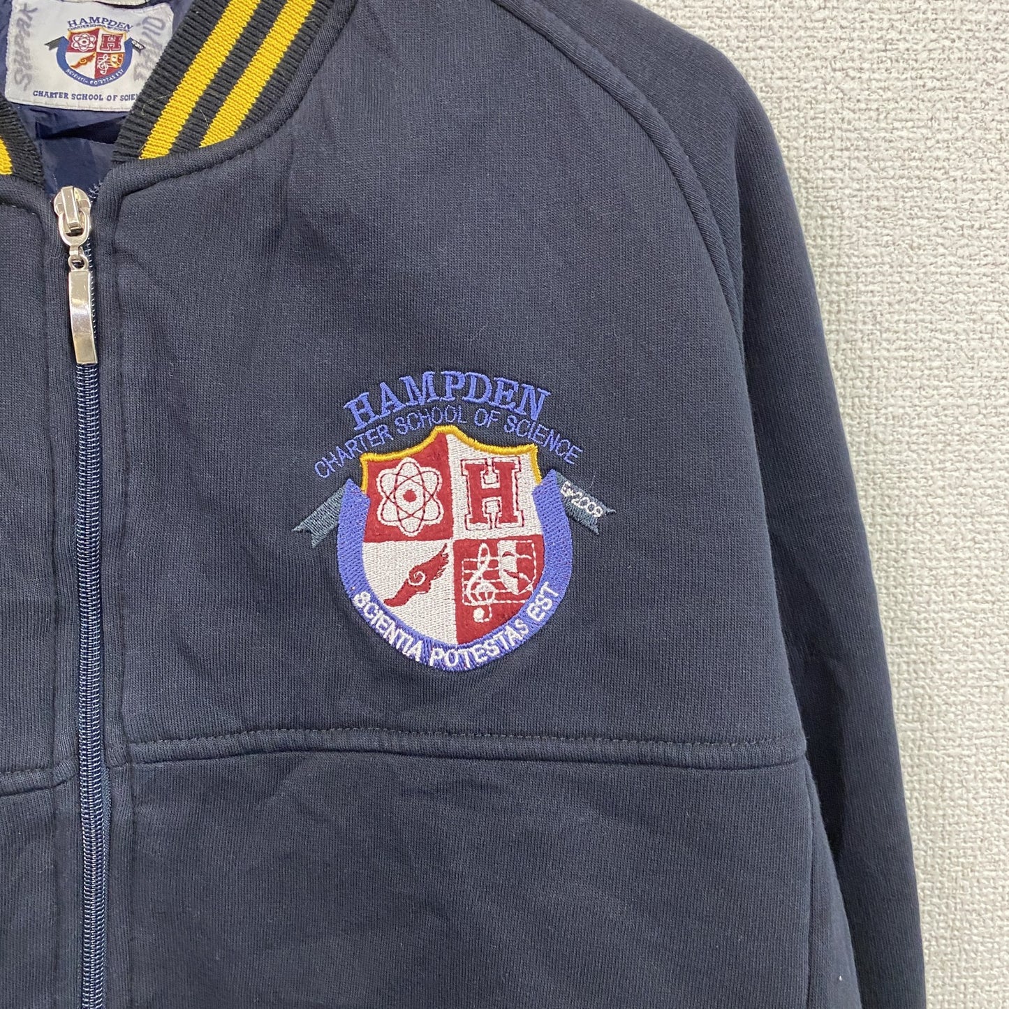 HAMPDEN　スウェットスタジャン　ラグランスリーブ　刺繍ロゴ　ワッペン　リブライン　紺　ネイビー　Sサイズ