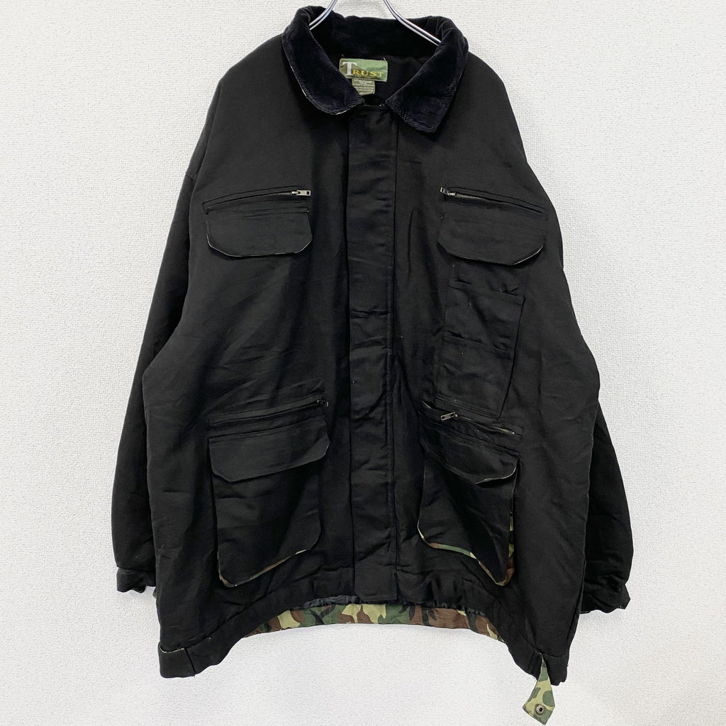 90s～　TRUST　トラスト　フィッシングジャケット　比翼仕立て　ヴィンテージ　カモ柄　黒　ブラック　4XLサイズ