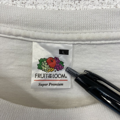 古着 used　FRUIT OF THE LOOM　半袖プリントTシャツ　個性的デザイン　春夏服　クルーネック　白　Lサイズ
