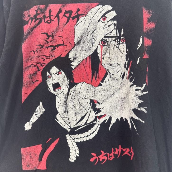 古着 used　ナルト　NARUTO　半袖アニメプリントTシャツ　イタチ　サスケ　クルーネック　レトロ　黒　ブラック　XLサイズ