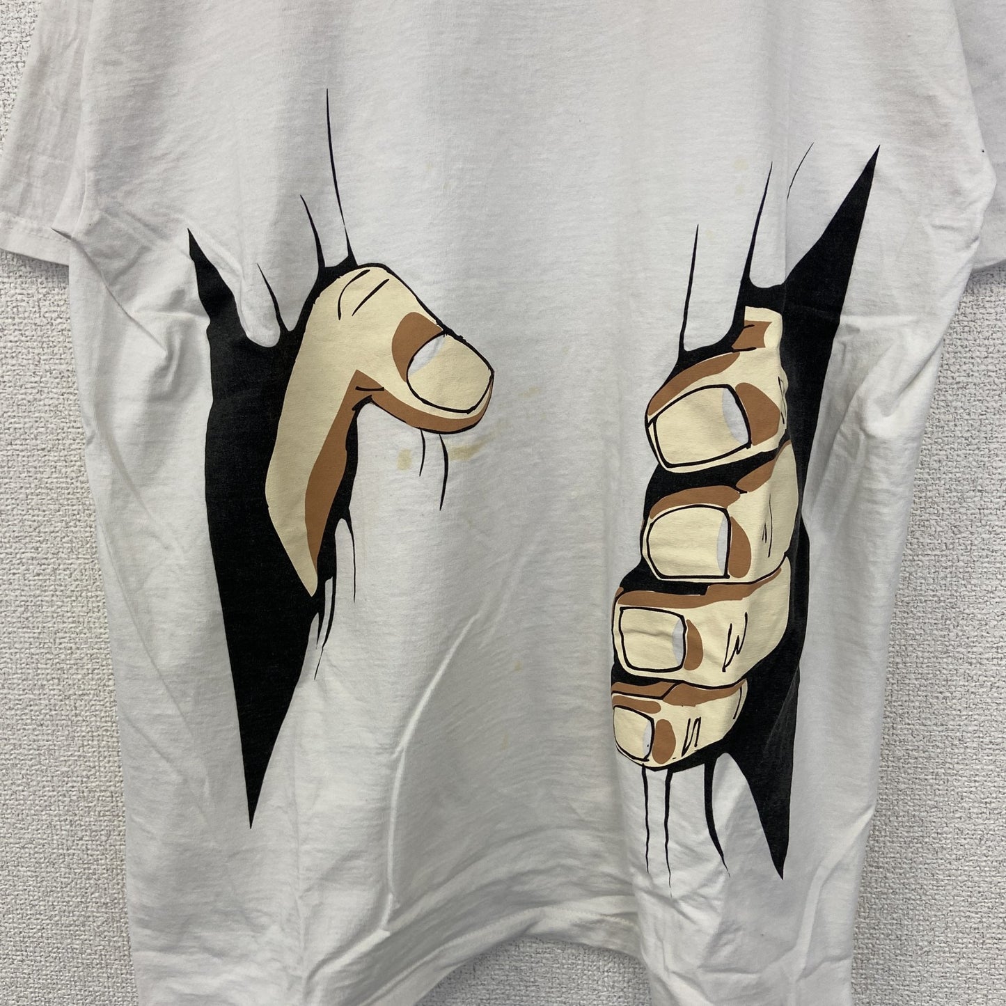 古着 used　FRUIT OF THE LOOM　半袖プリントTシャツ　個性的デザイン　春夏服　クルーネック　白　Lサイズ