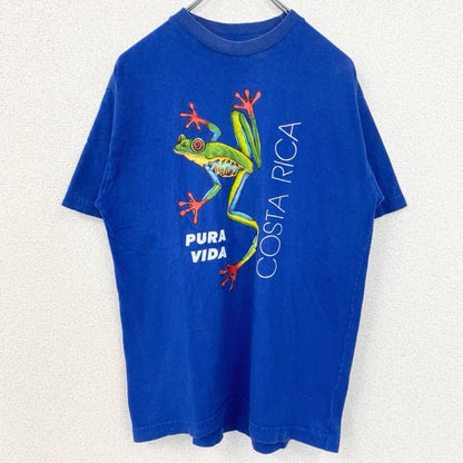 古着 used　半袖イラストプリントTシャツ　カエル　コスタリカ　PURA VIDA　青　ブルー　レトロデザイン　Lサイズ