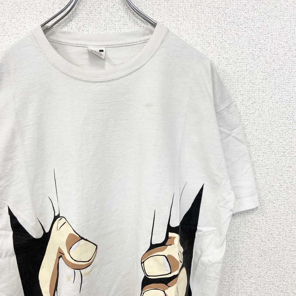 古着 used　FRUIT OF THE LOOM　半袖プリントTシャツ　個性的デザイン　春夏服　クルーネック　白　Lサイズ