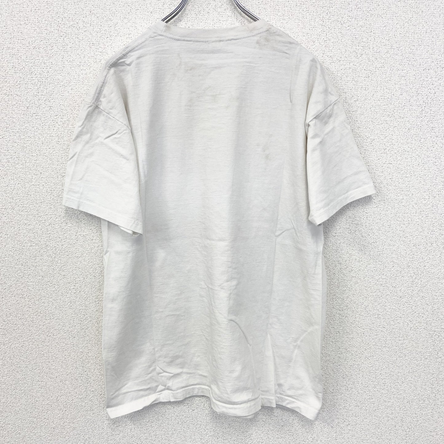 古着 used　FRUIT OF THE LOOM　半袖プリントTシャツ　個性的デザイン　春夏服　クルーネック　白　Lサイズ