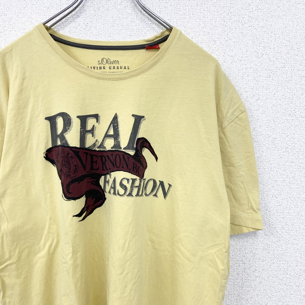 古着 used　LIVING CASUAL　半袖プリントTシャツ　REAL FASHION　クルーネック　黄色　XXLサイズ