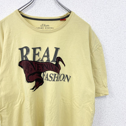 古着 used　LIVING CASUAL　半袖プリントTシャツ　REAL FASHION　クルーネック　黄色　XXLサイズ