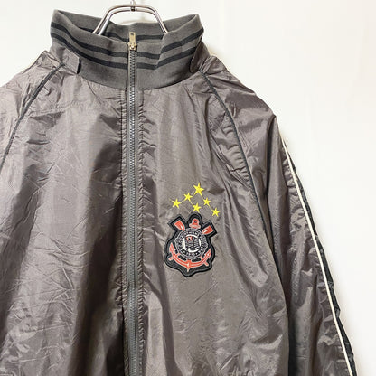 古着 used　コリンチャンス　長袖ハイネックフルジップブルゾン　ポイント刺繡ワッペンジャンパー　ブラウン　レトロデザイン
