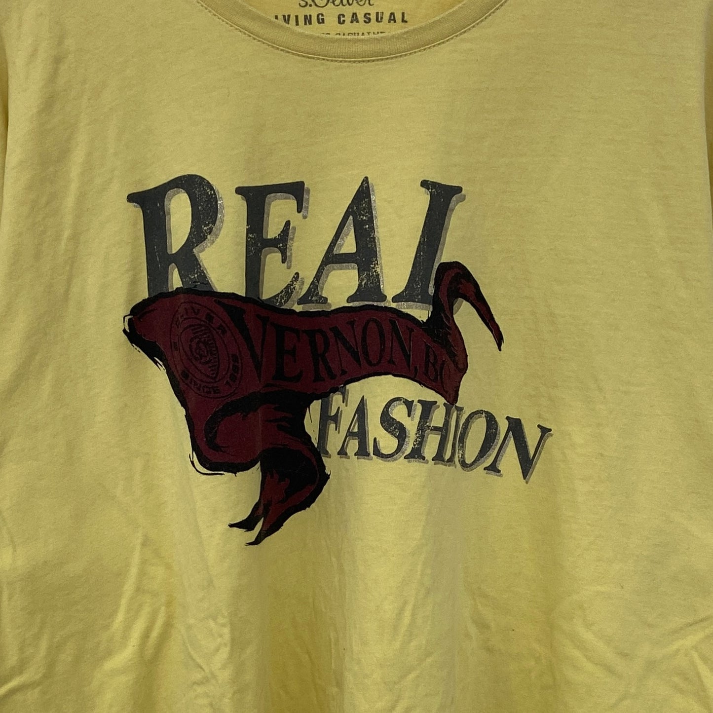 古着 used　LIVING CASUAL　半袖プリントTシャツ　REAL FASHION　クルーネック　黄色　XXLサイズ