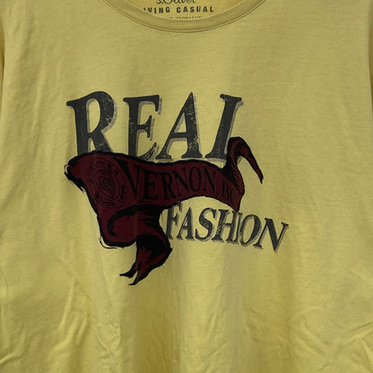 古着 used　LIVING CASUAL　半袖プリントTシャツ　REAL FASHION　クルーネック　黄色　XXLサイズ