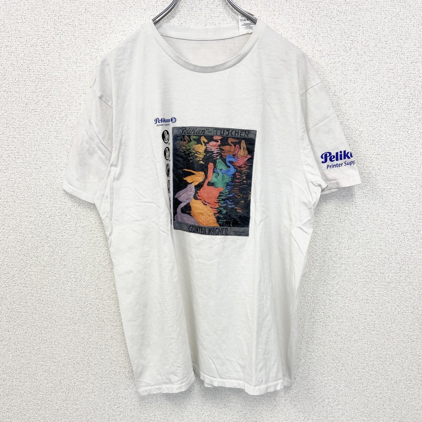 ELEVATE　半袖プリントアニマルTシャツ　ペリカン　Tuschen　ポスター　クルーネック　白　ホワイト　Lサイズ
