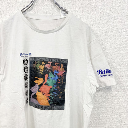 ELEVATE　半袖プリントアニマルTシャツ　ペリカン　Tuschen　ポスター　クルーネック　白　ホワイト　Lサイズ