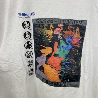 ELEVATE　半袖プリントアニマルTシャツ　ペリカン　Tuschen　ポスター　クルーネック　白　ホワイト　Lサイズ