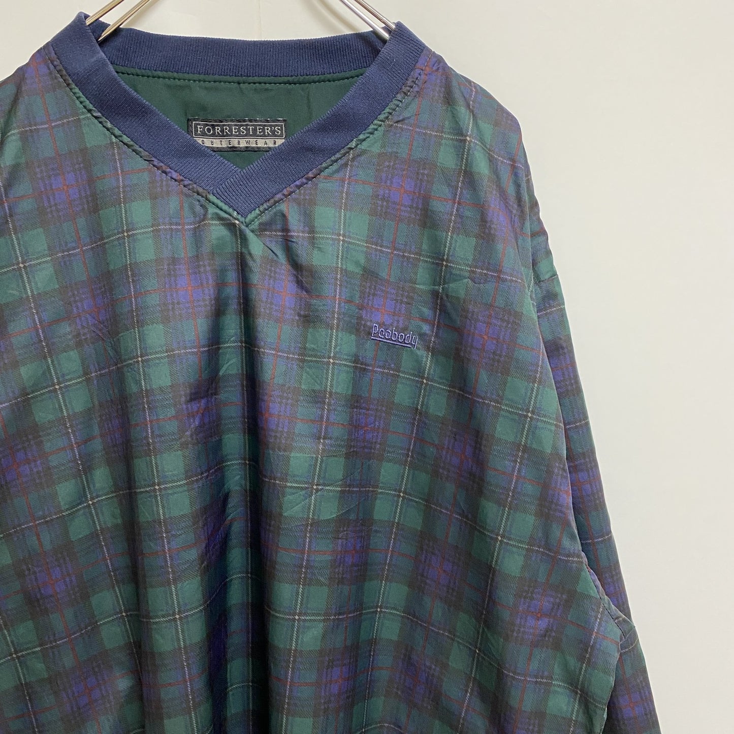 古着 used　FORRESTERS　長袖チェック柄ナイロンプルオーバー　総柄ジャケット　ワンポイント刺繍　緑　ネイビー