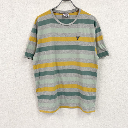GUESS　ゲス　半袖プリントTシャツ　刺繍ロゴ　ワンポイント　ボーダー柄　マルチカラー　灰色　グレー　Sサイズ