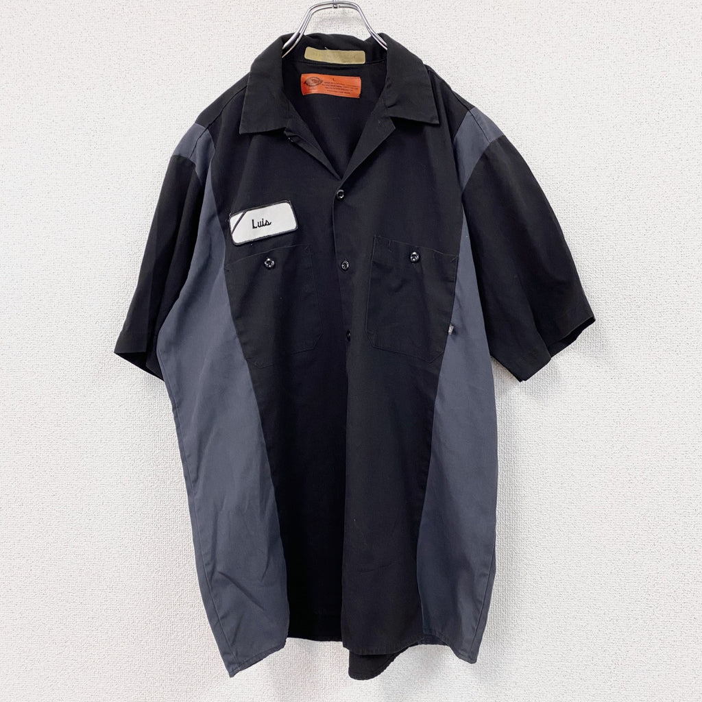 Dickies　ディッキーズ　半袖ワークシャツ　ワッペン　黒　ダークグレー　Lサイズ