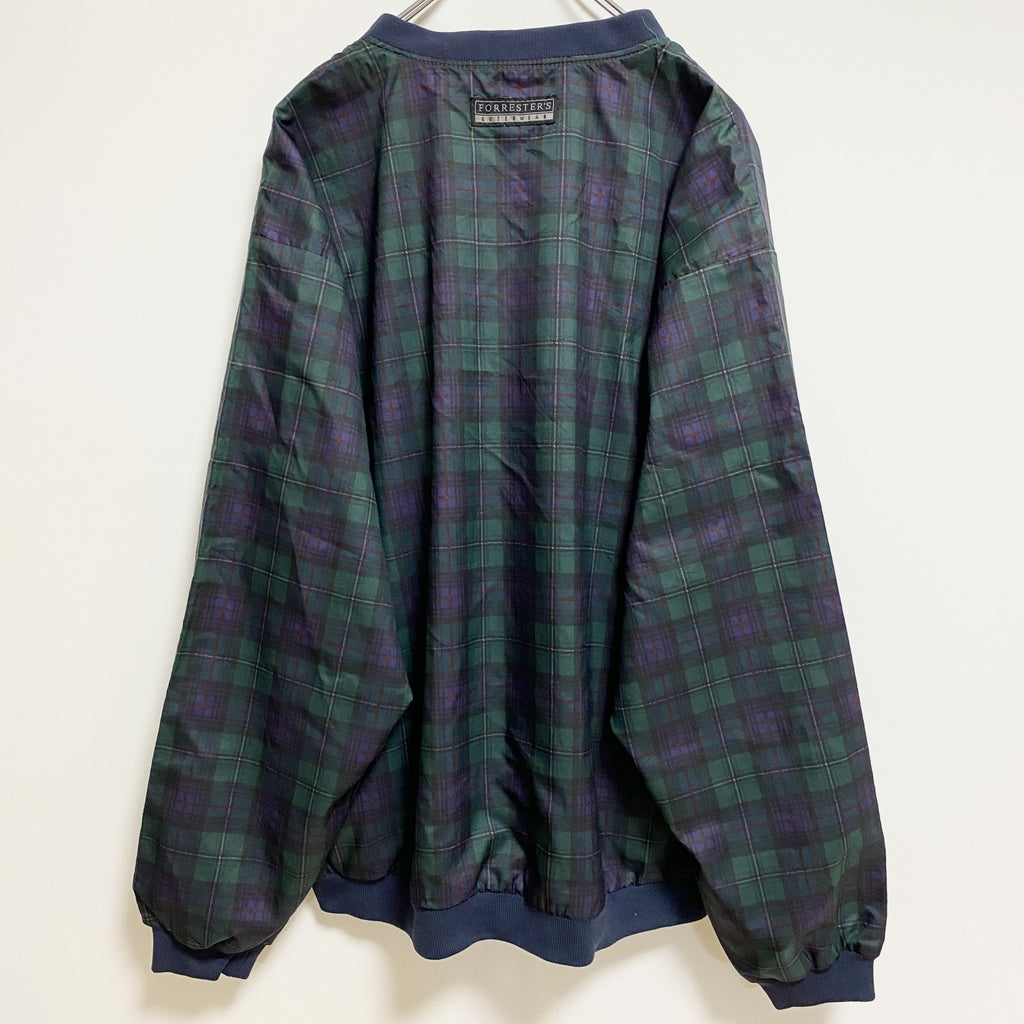 古着 used　FORRESTERS　長袖チェック柄ナイロンプルオーバー　総柄ジャケット　ワンポイント刺繍　緑　ネイビー