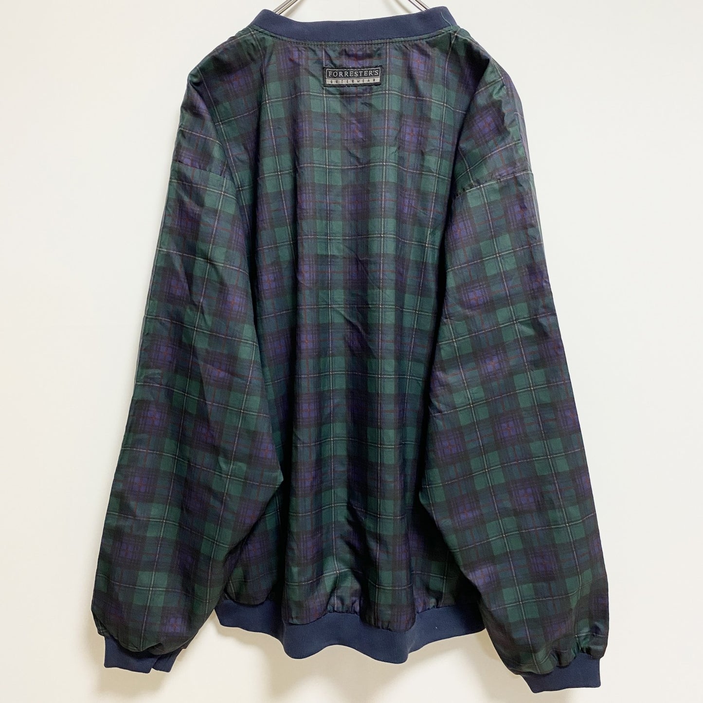 古着 used　FORRESTERS　長袖チェック柄ナイロンプルオーバー　総柄ジャケット　ワンポイント刺繍　緑　ネイビー