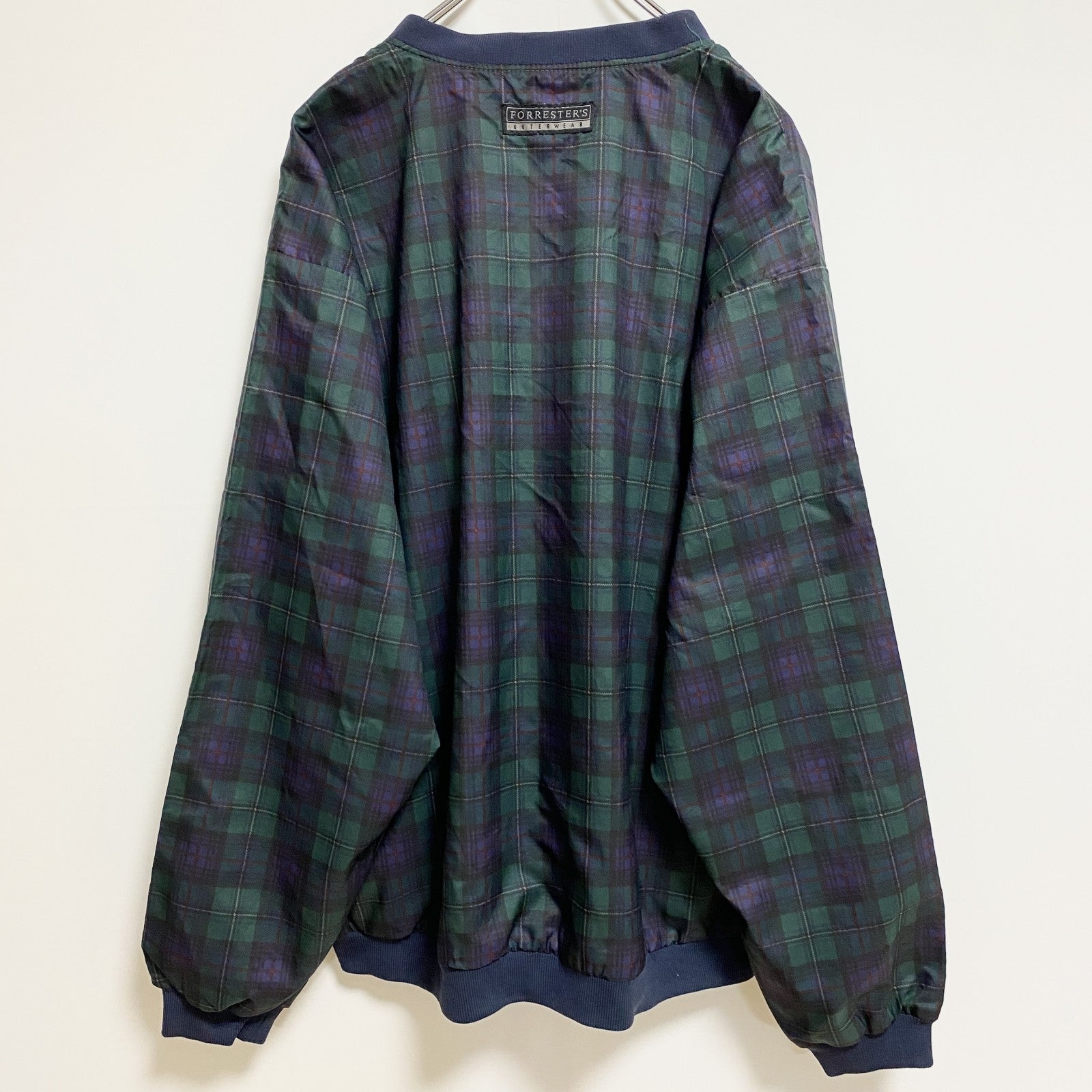 古着 used　FORRESTERS　長袖チェック柄ナイロンプルオーバー　総柄ジャケット　ワンポイント刺繍　緑　ネイビー