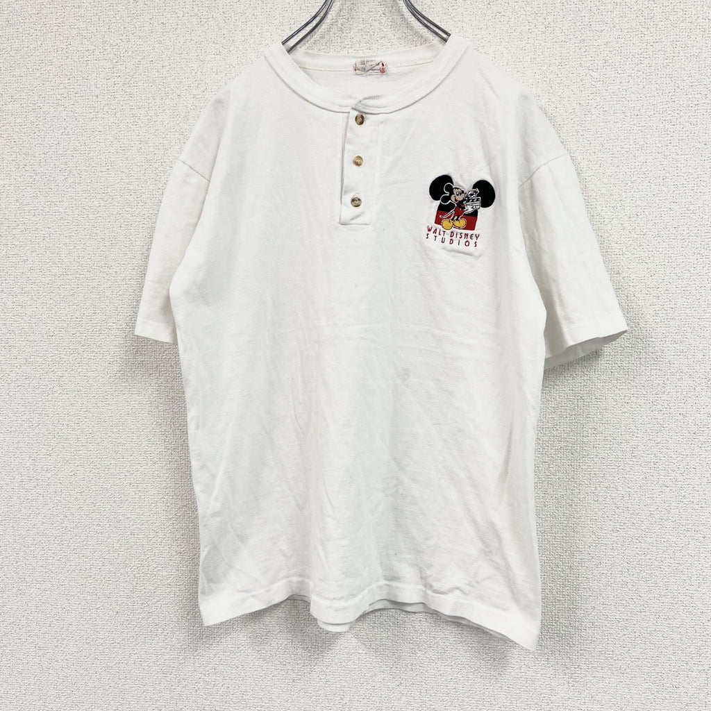 WALT DISNEY STUDIOS　Mickey　ミッキー　Disney　半袖Tシャツ　ヘンリーネック　刺繍ロゴ　白　ホワイト　Sサイズ