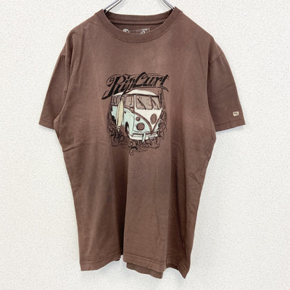 古着 used　RIP CURL　半袖プリントＴシャツ　フォルクスワーゲン　ワーゲンバス　クルーネック　レトロ　茶色　Lサイズ