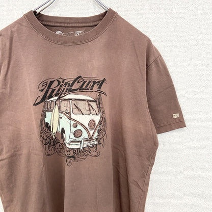 古着 used　RIP CURL　半袖プリントＴシャツ　フォルクスワーゲン　ワーゲンバス　クルーネック　レトロ　茶色　Lサイズ