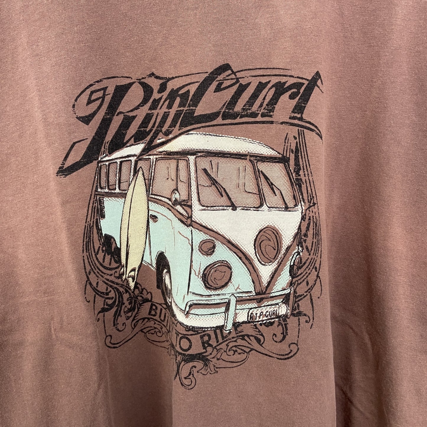 古着 used　RIP CURL　半袖プリントＴシャツ　フォルクスワーゲン　ワーゲンバス　クルーネック　レトロ　茶色　Lサイズ