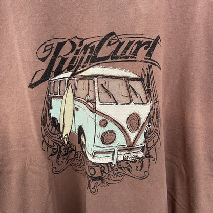 古着 used　RIP CURL　半袖プリントＴシャツ　フォルクスワーゲン　ワーゲンバス　クルーネック　レトロ　茶色　Lサイズ