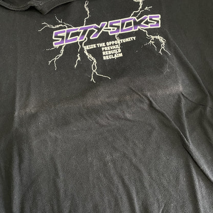古着 used　SOCIETY　半袖ロゴプリントTシャツ　黒　ブラック　稲妻　雷　レトロデザイン　ビッグシルエット　3XLサイズ