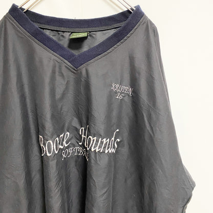 古着 used　WP　長袖Vネックナイロンプルオーバー　ロゴ刺繍　Booze Hounds　ソフトボール　黒　ブラック　Lサイズ