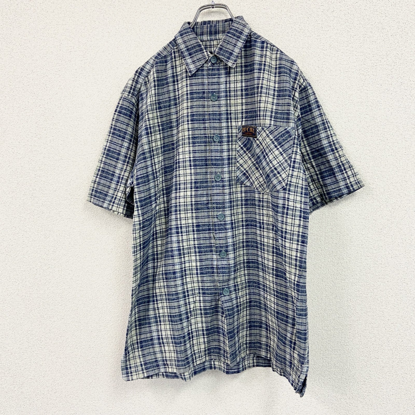RIP CURL　リップカール　半袖シャツ　総柄　チェック柄　青　ブルー　Pサイズ