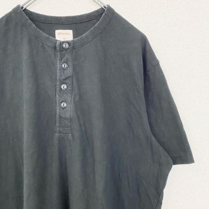 古着 used　MERONA　メローナ　半袖ヘンリーネックTシャツ　無地T　黒　ブラック　レトロデザイン　XLサイズ