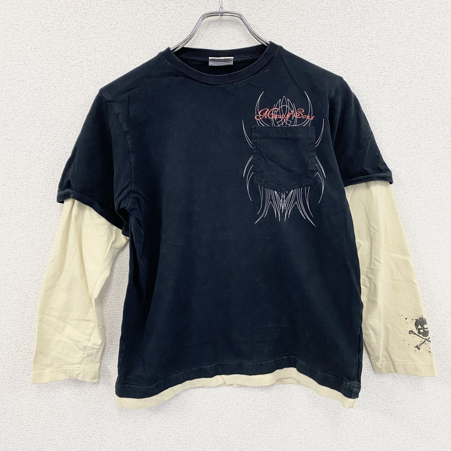 長袖Tシャツ/ロンT　フェイクレイヤード　バイカラー　黒　ブラック　アイボリー　XXL⁽13－14⁾サイズ
