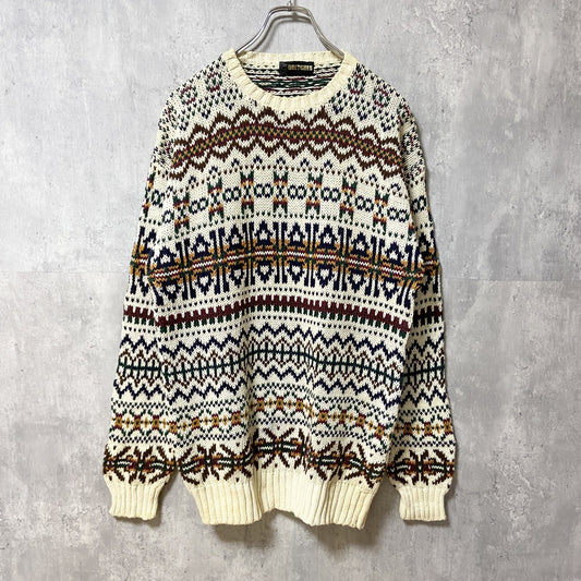 古着 used　BRITCHES　長袖ニット　セーター　レトロデザイン　フェアアイル柄　総柄　クルーネック　白　ホワイト
