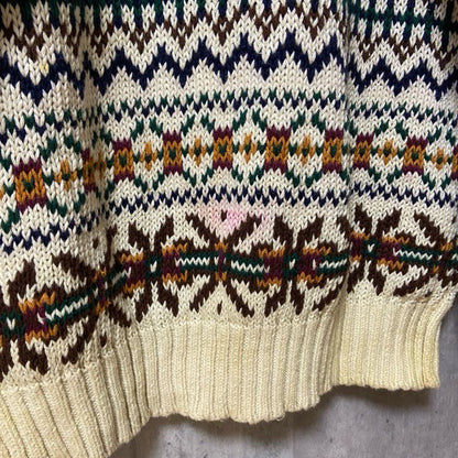 古着 used　BRITCHES　長袖ニット　セーター　レトロデザイン　フェアアイル柄　総柄　クルーネック　白　ホワイト