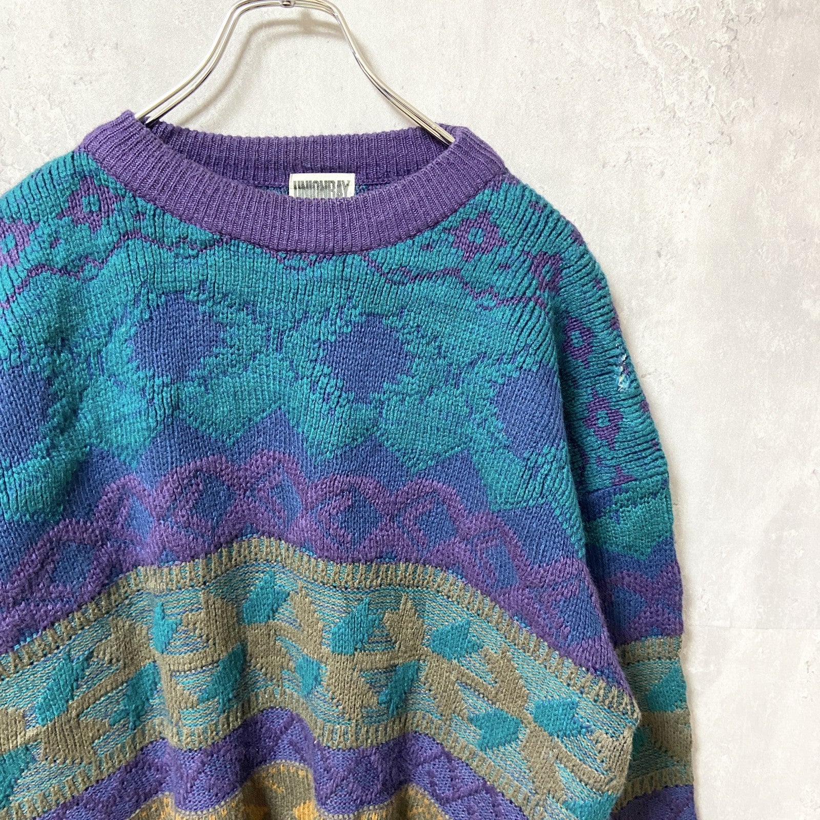 古着 used　UNIONBAY　長袖総柄3Dニット　セーター　レトロデザイン　クルーネック　紫　パープル　秋冬服