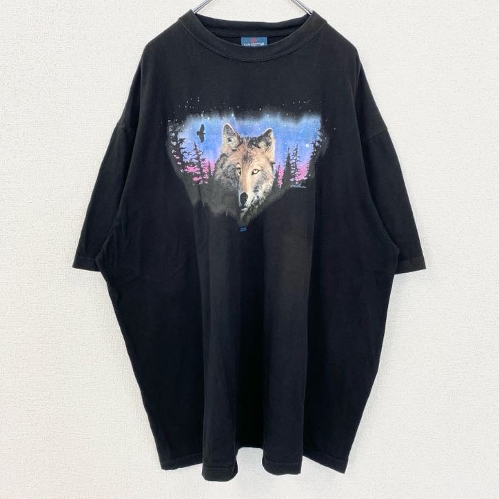 古着 used　SAN MARINO　半袖アニマルプリントTシャツ　オオカミ　ウルフ　黒　ビッグシルエット　5XLサイズ