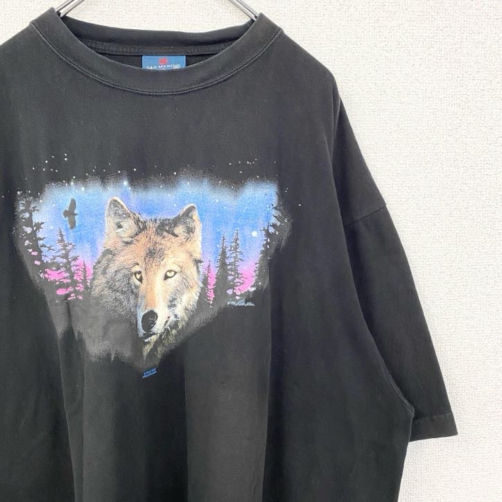 古着 used　SAN MARINO　半袖アニマルプリントTシャツ　オオカミ　ウルフ　黒　ビッグシルエット　5XLサイズ