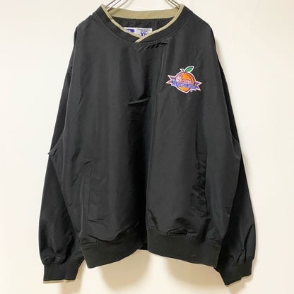 古着 used　RUSSELL　長袖ナイロンプルオーバー　ウィンドブレーカー　刺繡デザイン　ピーチボウル　黒　XLサイズ