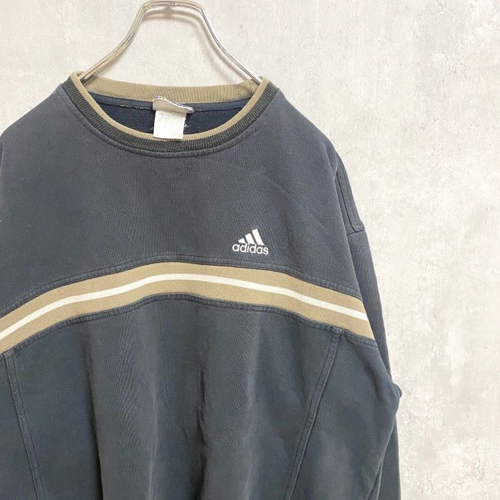 古着 used　90s　adidas アディダス　長袖スウェット　トレーナー　ロゴ刺繍　ライン入り　クルーネック　Lサイズ