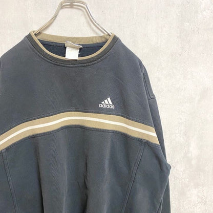 古着 used　90s　adidas アディダス　長袖スウェット　トレーナー　ロゴ刺繍　ライン入り　クルーネック　Lサイズ