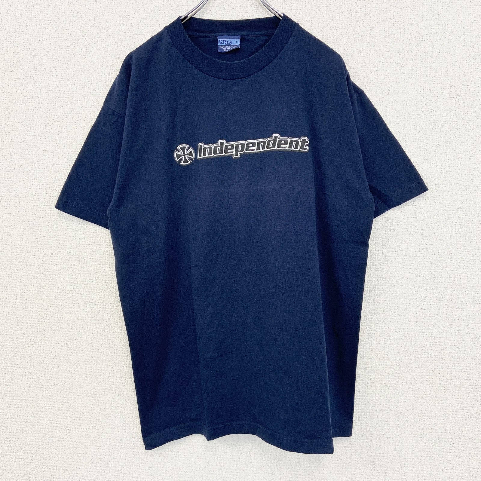 古着 used　NHS　半袖プリントＴシャツ　independent　カジュアルデザイン　クルーネック　レトロ　ネイビー　Lサイズ