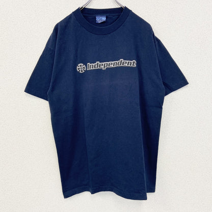 古着 used　NHS　半袖プリントＴシャツ　independent　カジュアルデザイン　クルーネック　レトロ　ネイビー　Lサイズ