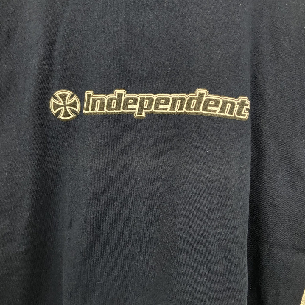 古着 used　NHS　半袖プリントＴシャツ　independent　カジュアルデザイン　クルーネック　レトロ　ネイビー　Lサイズ