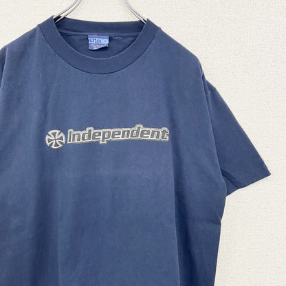 古着 used　NHS　半袖プリントＴシャツ　independent　カジュアルデザイン　クルーネック　レトロ　ネイビー　Lサイズ